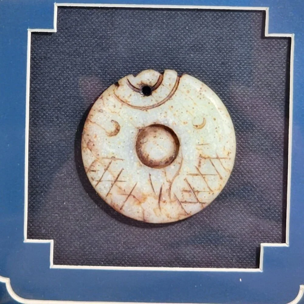 Framed Carved Jade Chinese Antique Art Featuring Round Pendant Double Fish Motif